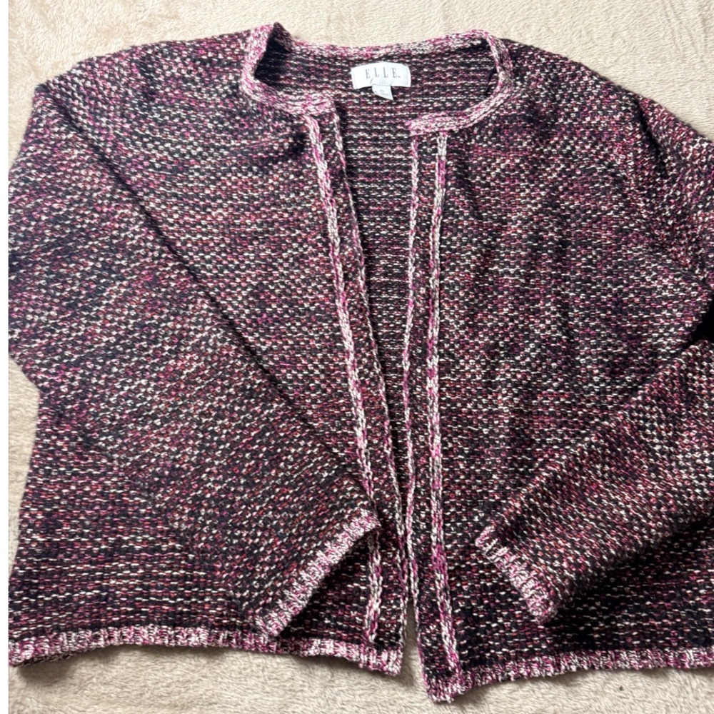 Elle Women XL Pink Purple Open Front Knit Cardigan Sweater Preppy Fall Classic